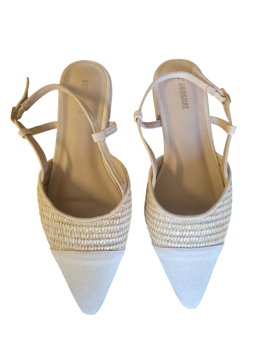 Pointed-Toe Slingback Mules in Cream & Tan by Fashionaire